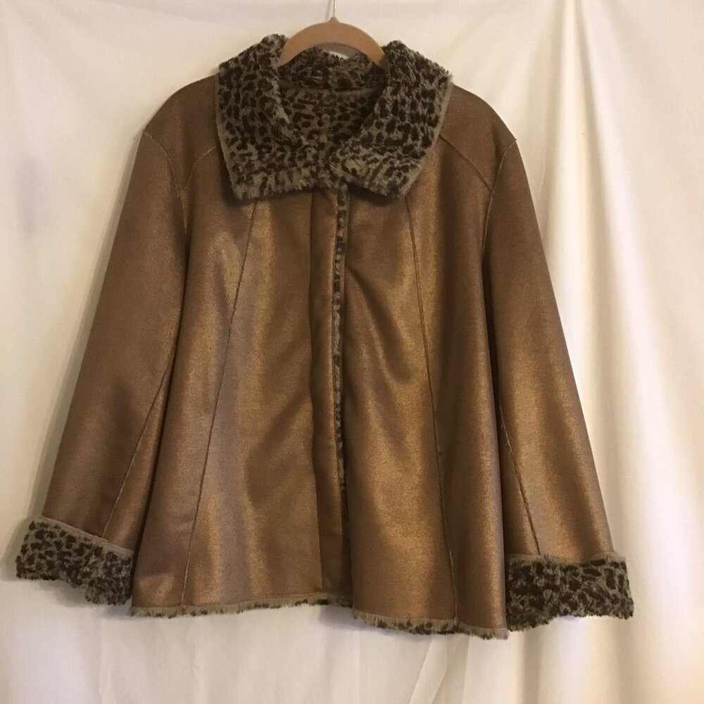 LOGO Lori Goldstein Rev Brushed Copper Lamé/Faux Leopard Fur Jacket MEDIUM 10/12